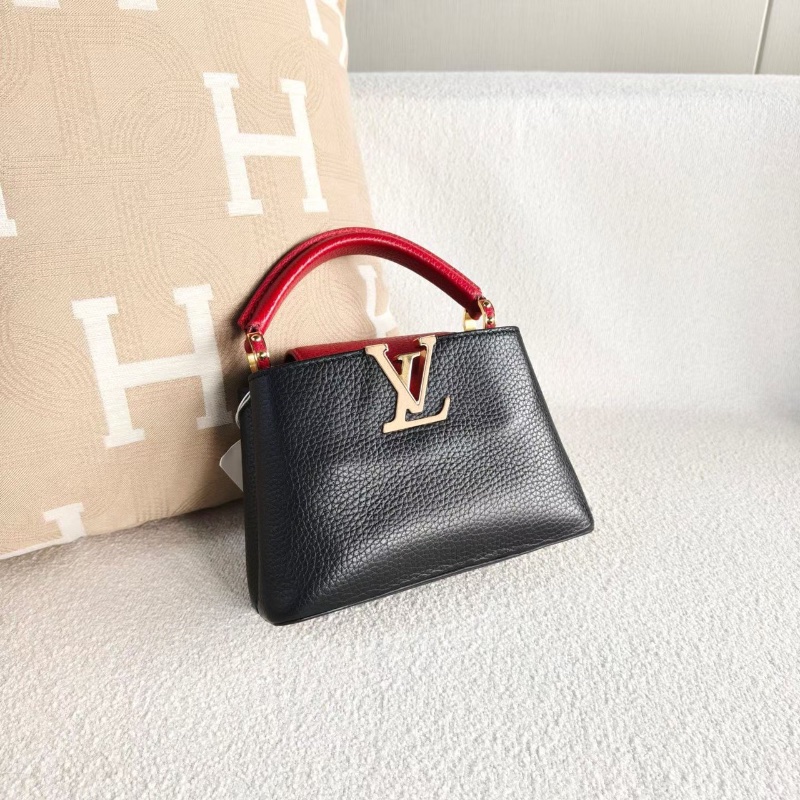 LV 拼色Capucines mini黑紅拼色 金扣荔枝皮 20*13*7.5 98新配件寬肩帶 塵袋-4