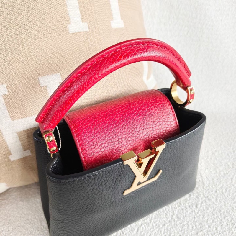 LV 拼色Capucines mini黑紅拼色 金扣荔枝皮 20*13*7.5 98新配件寬肩帶 塵袋-5