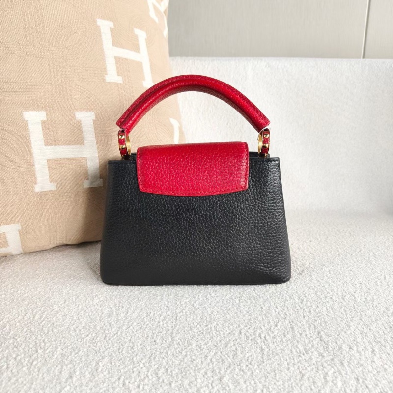 LV 拼色Capucines mini黑紅拼色 金扣荔枝皮 20*13*7.5 98新配件寬肩帶 塵袋-7