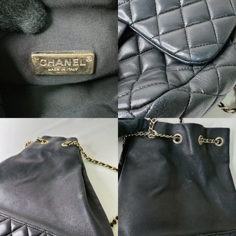 CHANEL 黑金羊皮束口鏈帶後背包-8