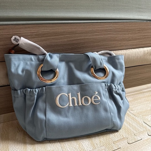 Chloe logo刺繡帆布斜背包 藍色