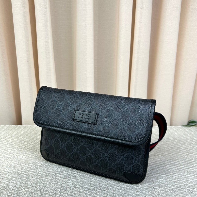 古馳GUCCI黑色老花腰包 經典老花帆布拼皮革 紅藍織帶 可斜挎做胸包 容量實用 日常百搭-3