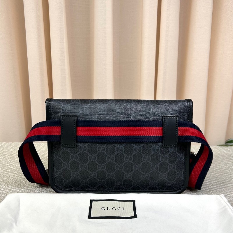 古馳GUCCI黑色老花腰包 經典老花帆布拼皮革 紅藍織帶 可斜挎做胸包 容量實用 日常百搭-6