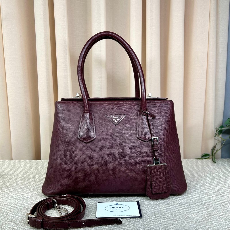 Prada普拉達double十字紋牛皮手提包 有肩帶 可單肩可斜挎可手提 容量大 實用性強 日常通勤百搭-5