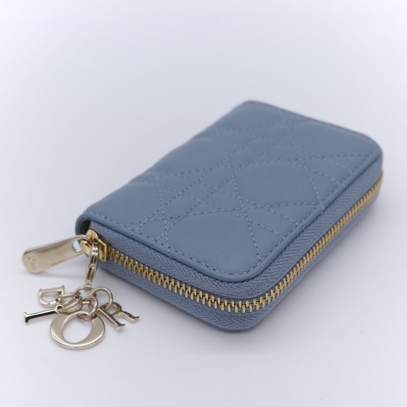 Dior 迪奧 Lady Dior Voyageur 雲朵藍 藤格紋羊皮拉鍊零錢包-4