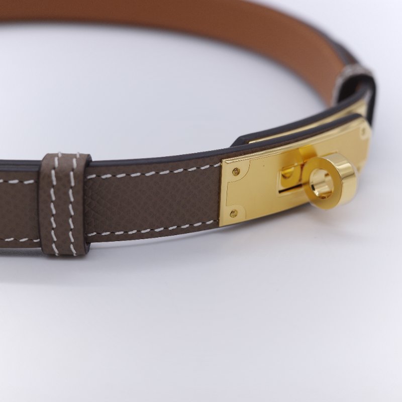 Hermès 愛馬仕 Kelly 18 金棕色 牛皮 金扣 細版皮帶-4