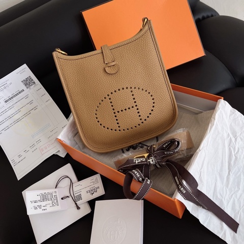 【全新品】Hermes 愛馬仕 伊芙琳 mini Evelyne 餅乾色 金扣 大全套 帶票 B刻