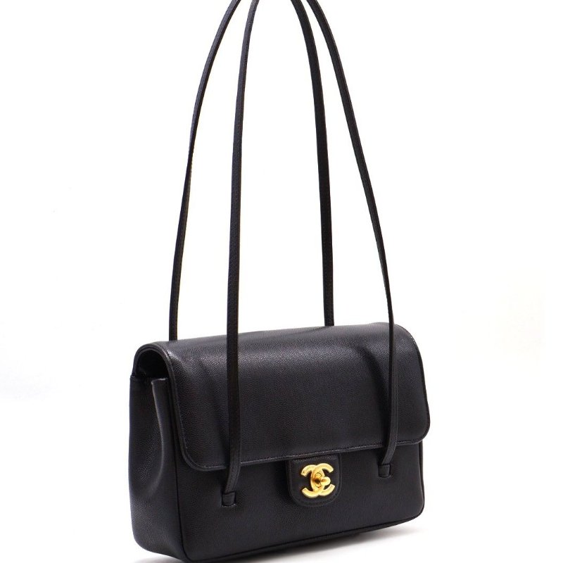 CHANEL 26P Preppy coco粒面牛皮單肩包 - 小號黑金-1