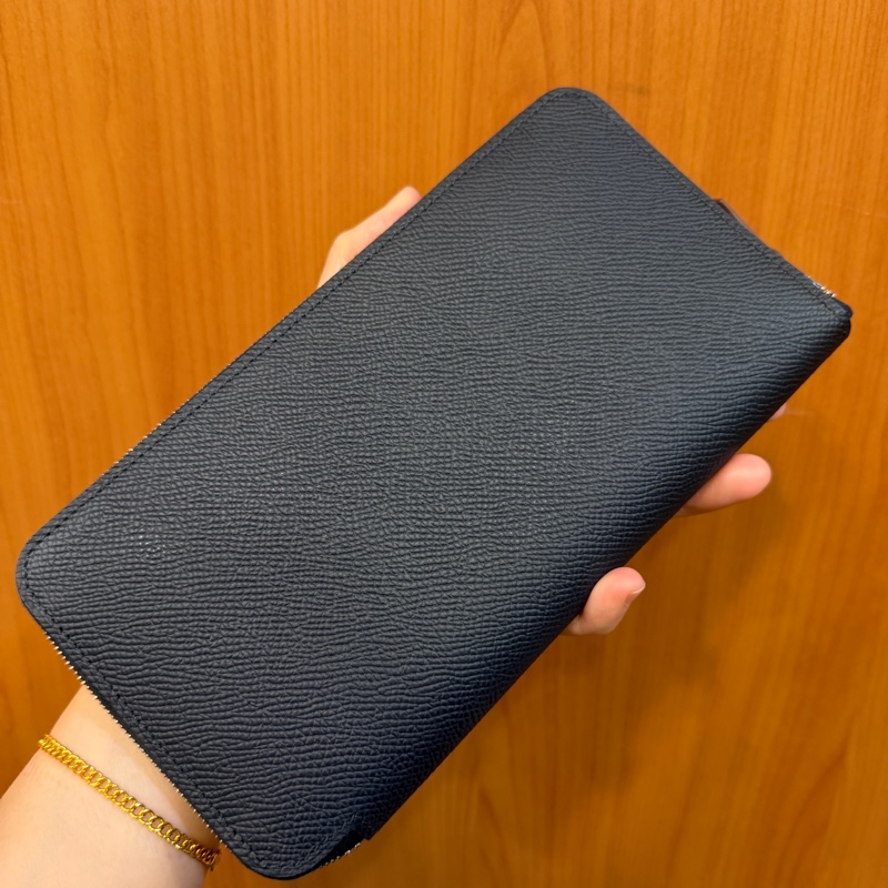 Hermes 深藍Epsom皮銀釦Silk in絲巾長夾-5