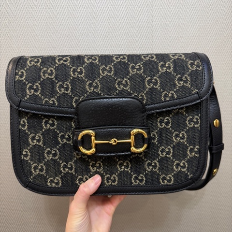 Gucci 黑丹寧布黑牛皮金釦1955肩斜背包