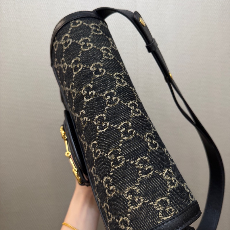 Gucci 黑丹寧布黑牛皮金釦1955肩斜背包-4