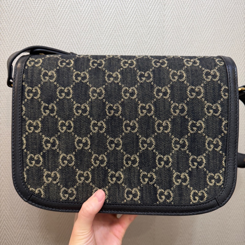 Gucci 黑丹寧布黑牛皮金釦1955肩斜背包-5