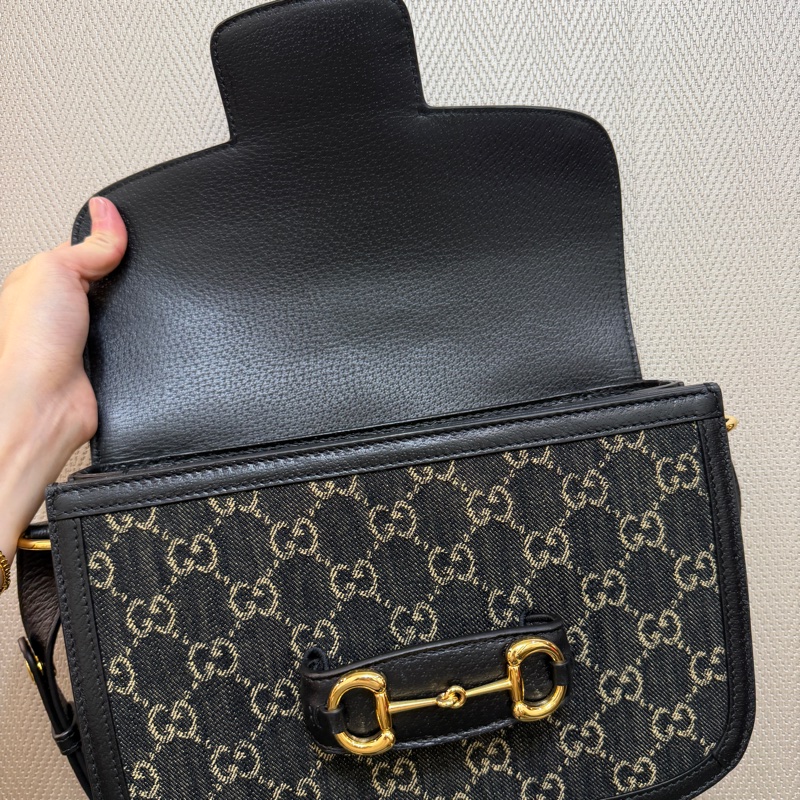 Gucci 黑丹寧布黑牛皮金釦1955肩斜背包-9