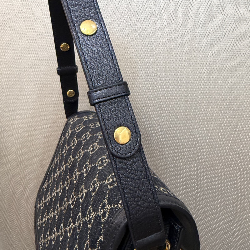 Gucci 黑丹寧布黑牛皮金釦1955肩斜背包-13