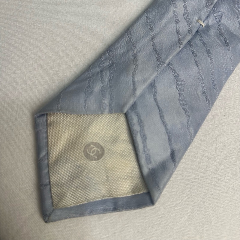 CHANEL 藍灰色斜條紋領帶 領結 絲綢（中古）-5