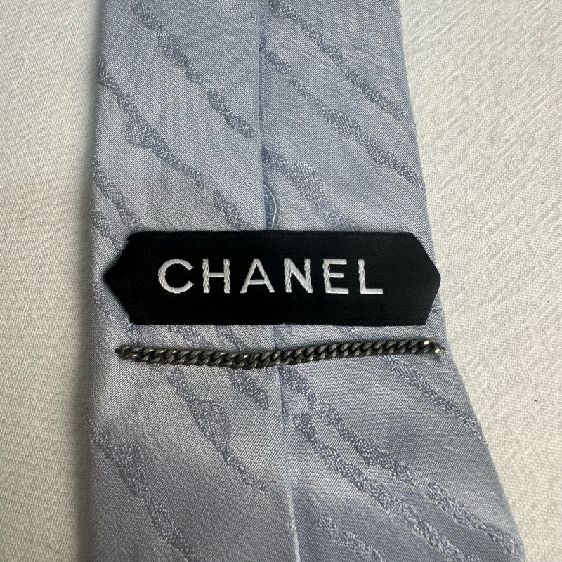 CHANEL 藍灰色斜條紋領帶 領結 絲綢（中古）-6