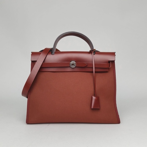 HERMES Herbag31愛馬仕紅帆布/Hunter牛皮C刻銀扣肩背包