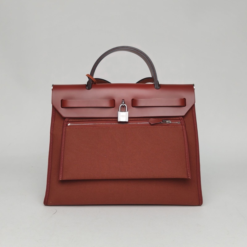 HERMES Herbag31愛馬仕紅帆布/Hunter牛皮C刻銀扣肩背包-2