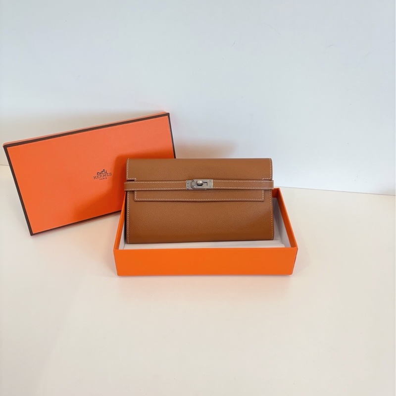 【99新閒置帶膜🆕】Hermes Kelly長錢包/錢夾子 金剛金棕銀扣 X刻 E皮 斜挎包-0