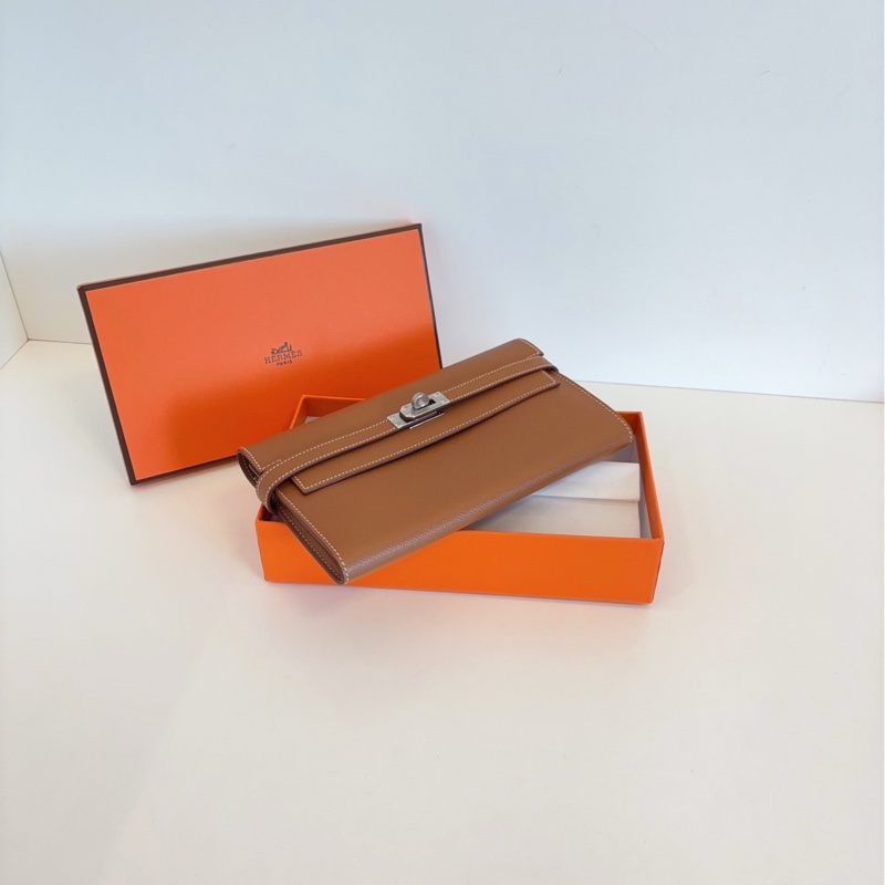 【99新閒置帶膜🆕】Hermes Kelly長錢包/錢夾子 金剛金棕銀扣 X刻 E皮 斜挎包-2