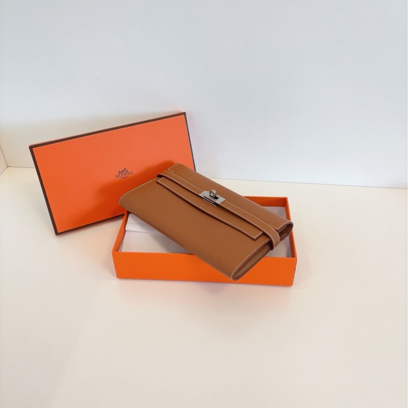 【99新閒置帶膜🆕】Hermes Kelly長錢包/錢夾子 金剛金棕銀扣 X刻 E皮 斜挎包-3