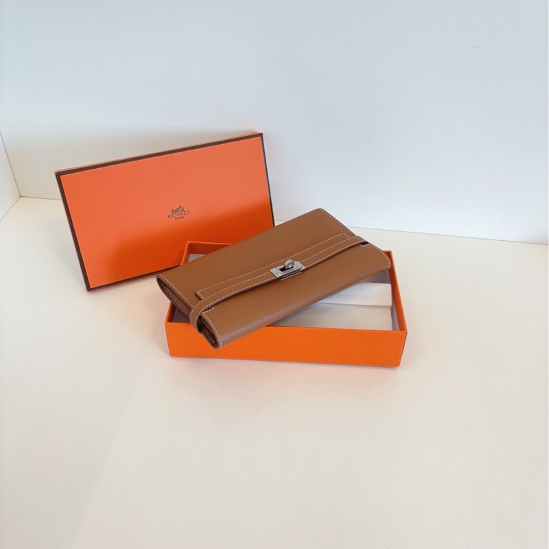 【99新閒置帶膜🆕】Hermes Kelly長錢包/錢夾子 金剛金棕銀扣 X刻 E皮 斜挎包-4