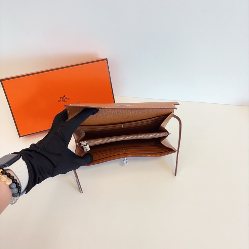 【99新閒置帶膜🆕】Hermes Kelly長錢包/錢夾子 金剛金棕銀扣 X刻 E皮 斜挎包-5