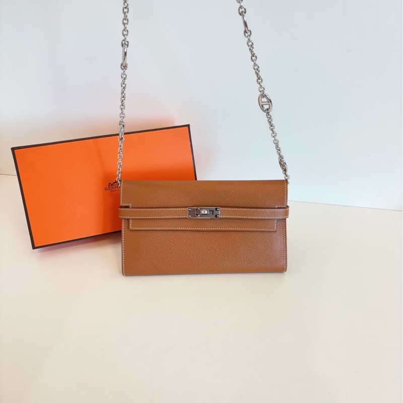 【99新閒置帶膜🆕】Hermes Kelly長錢包/錢夾子 金剛金棕銀扣 X刻 E皮 斜挎包-6