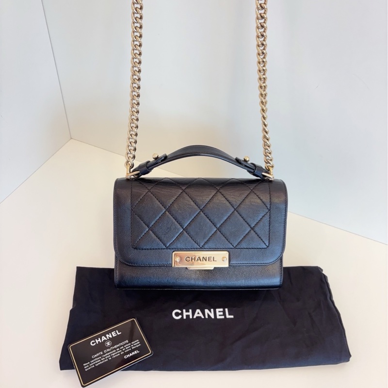 【98新🆕】Chanel 黑金flap handle郵差盒子包 小號 small  手提斜挎包-3
