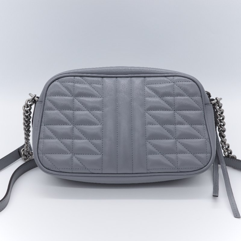 Gucci 古馳 GG Marmont 灰色絎縫牛皮 銀色 拉鍊斜包相機包肩背包-4