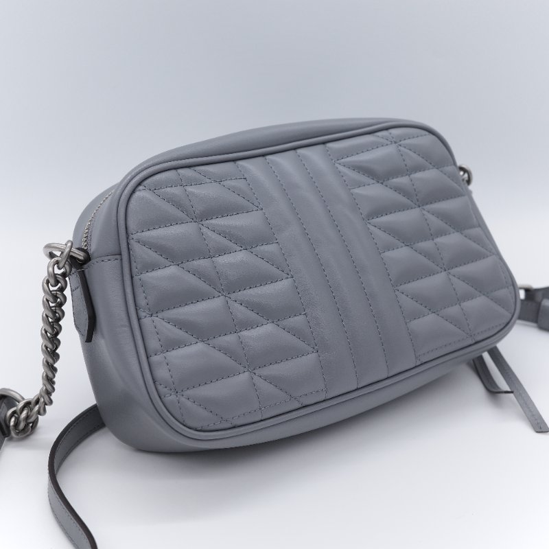 Gucci 古馳 GG Marmont 灰色絎縫牛皮 銀色 拉鍊斜包相機包肩背包-5