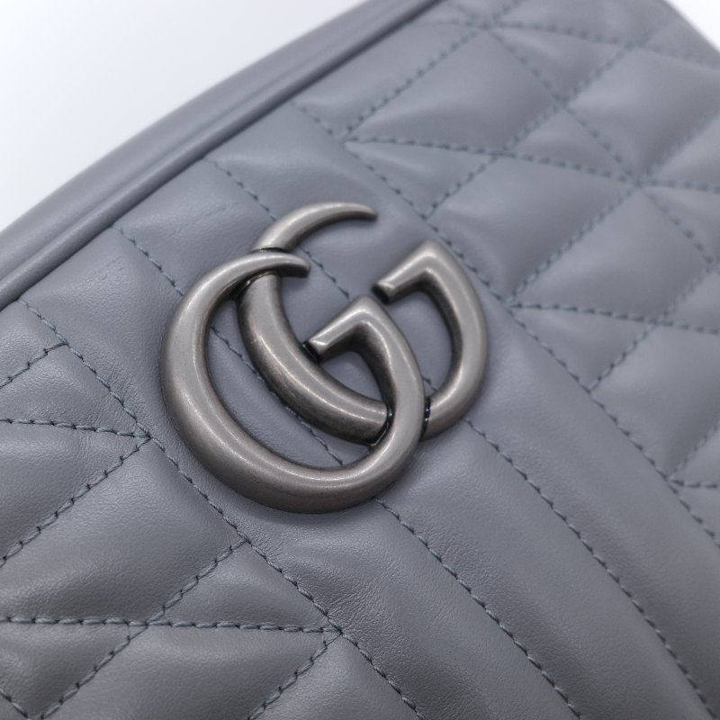 Gucci 古馳 GG Marmont 灰色絎縫牛皮 銀色 拉鍊斜包相機包肩背包-12