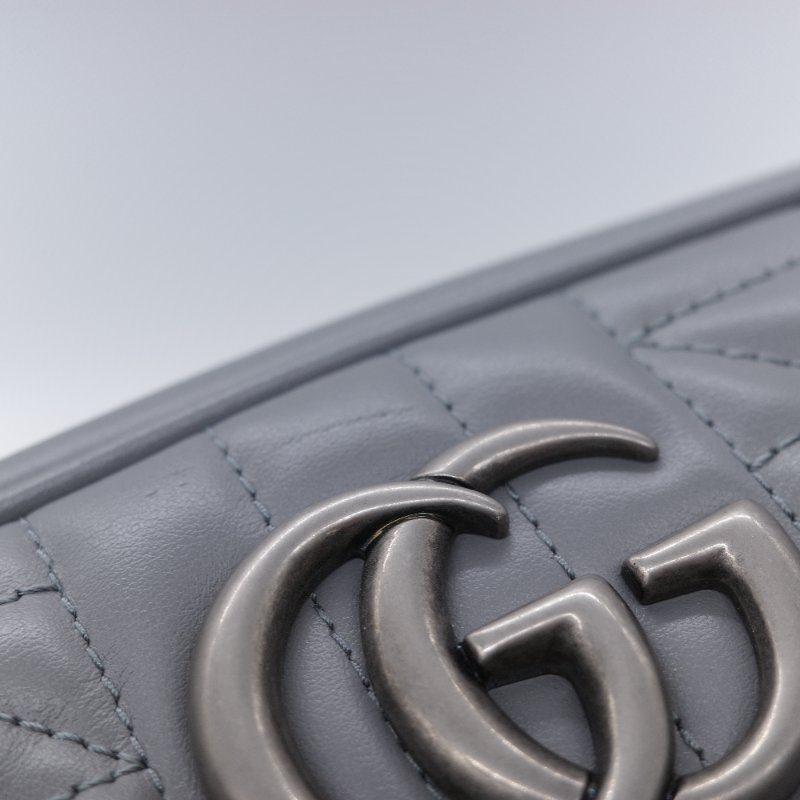 Gucci 古馳 GG Marmont 灰色絎縫牛皮 銀色 拉鍊斜包相機包肩背包-21