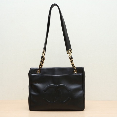 CHANEL 中古黑金羊雙Clogo奶粉包黑色羊皮2開金扣肩背包