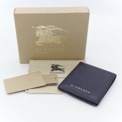 Burberry 巴寶莉 Logo 海軍藍 顆粒紋牛皮 壓花對摺短夾