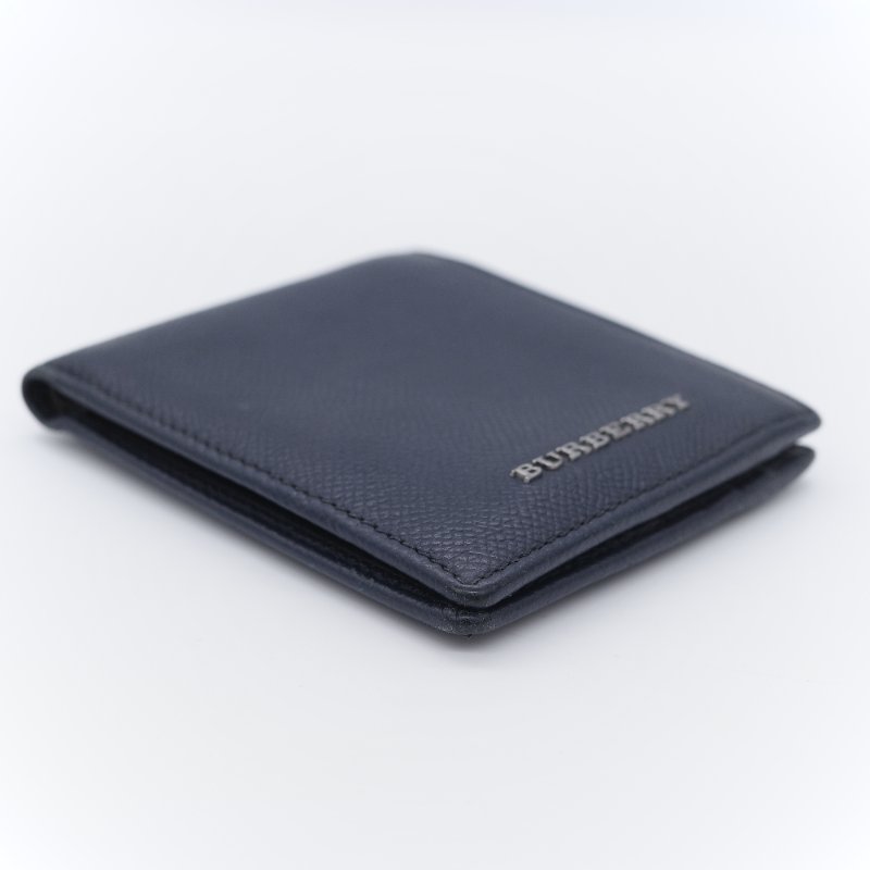 Burberry 巴寶莉 Logo 海軍藍 顆粒紋牛皮 壓花對摺短夾-3