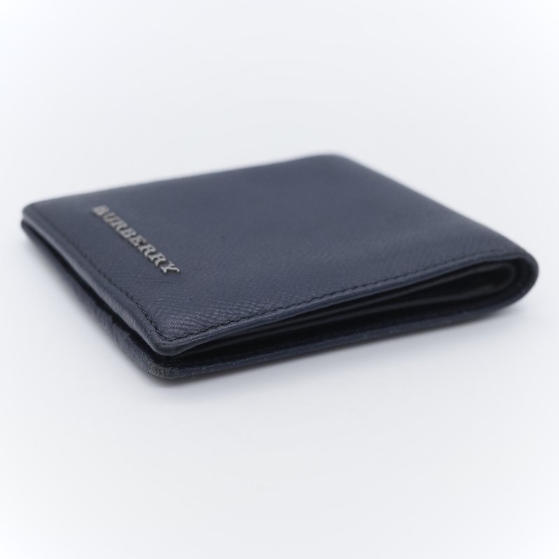 Burberry 巴寶莉 Logo 海軍藍 顆粒紋牛皮 壓花對摺短夾-4