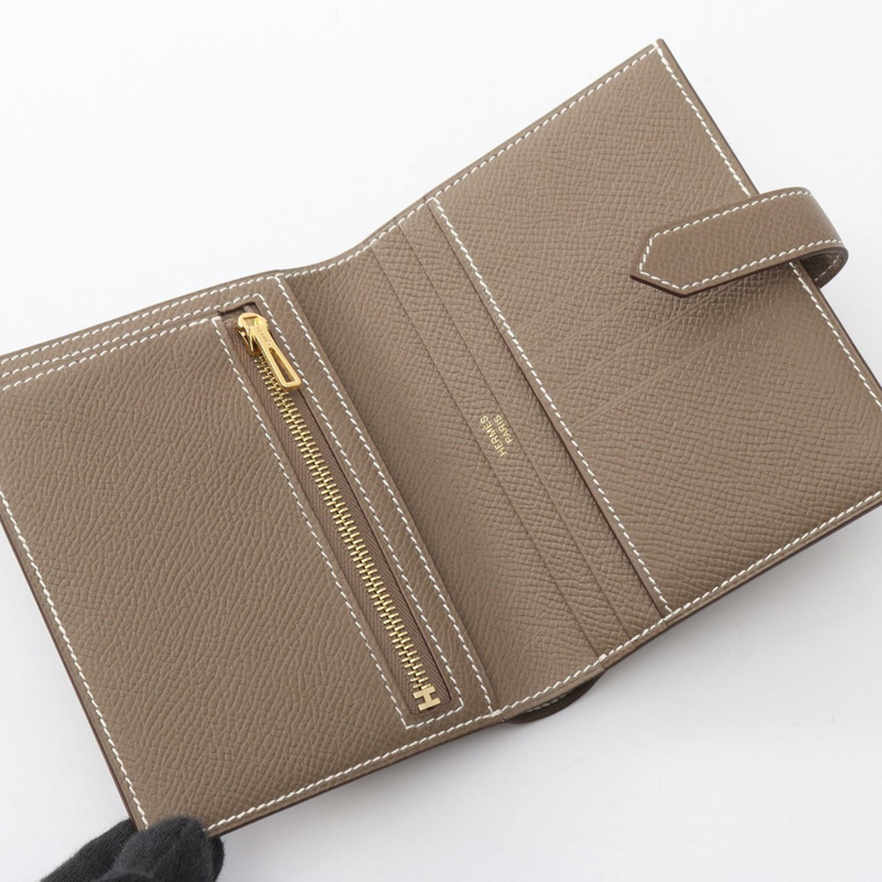 愛馬仕 BEARN 緊湊型雙折皮夾，Epsom 皮革，灰色/灰褐色，二手，帶金色五金配件-2