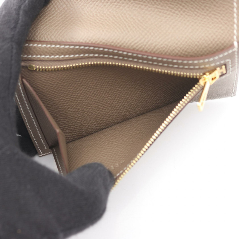 愛馬仕 BEARN 緊湊型雙折皮夾，Epsom 皮革，灰色/灰褐色，二手，帶金色五金配件-3