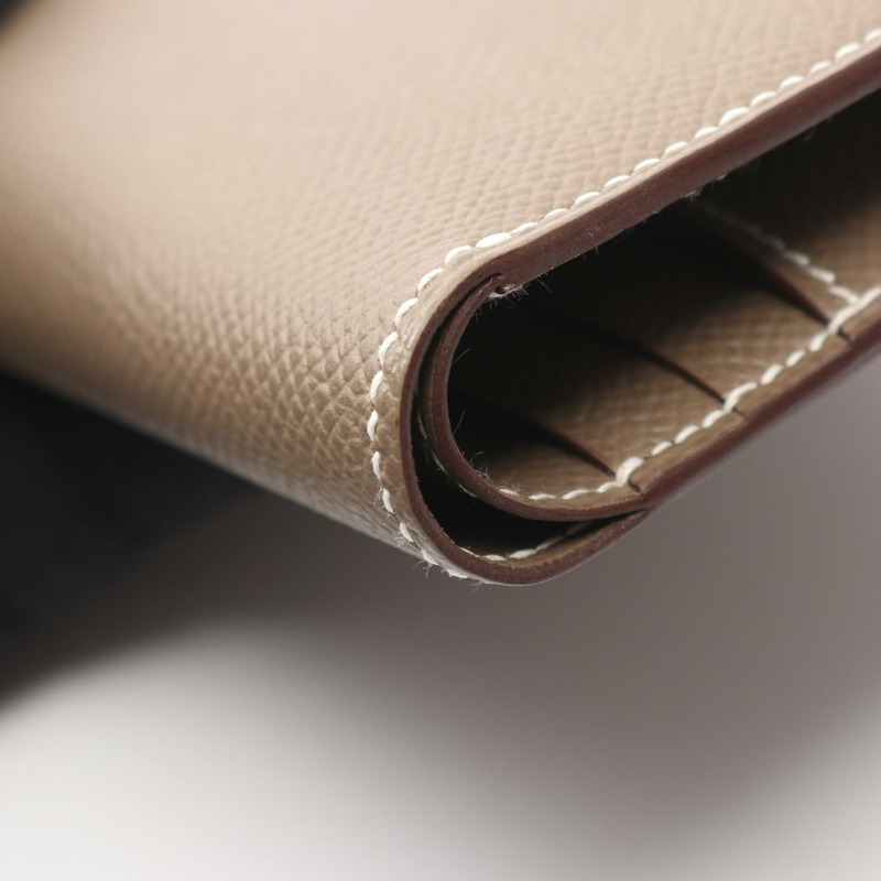 愛馬仕 BEARN 緊湊型雙折皮夾，Epsom 皮革，灰色/灰褐色，二手，帶金色五金配件-6