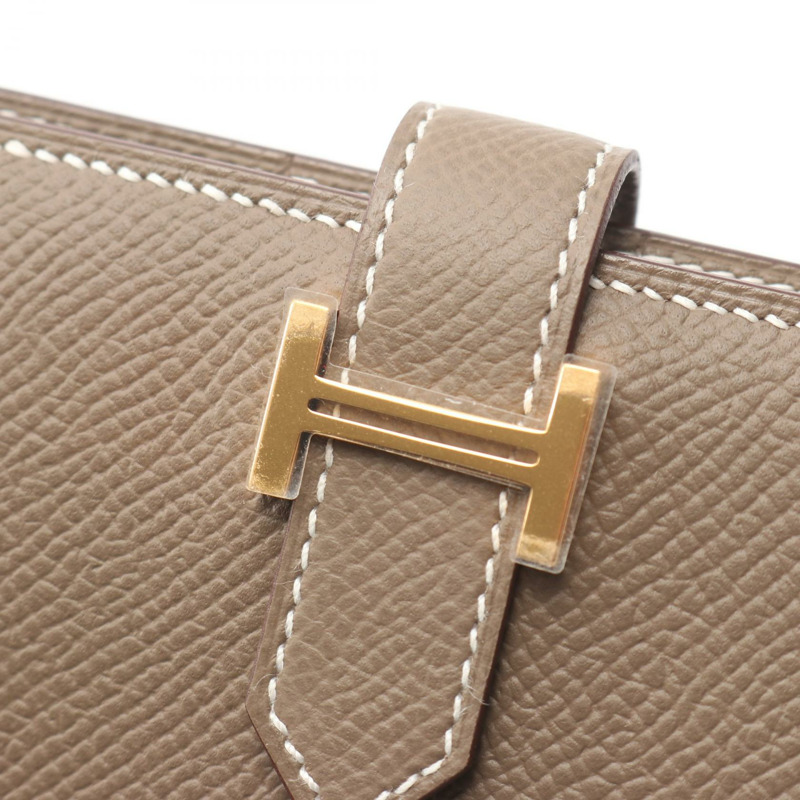 愛馬仕 BEARN 緊湊型雙折皮夾，Epsom 皮革，灰色/灰褐色，二手，帶金色五金配件-7