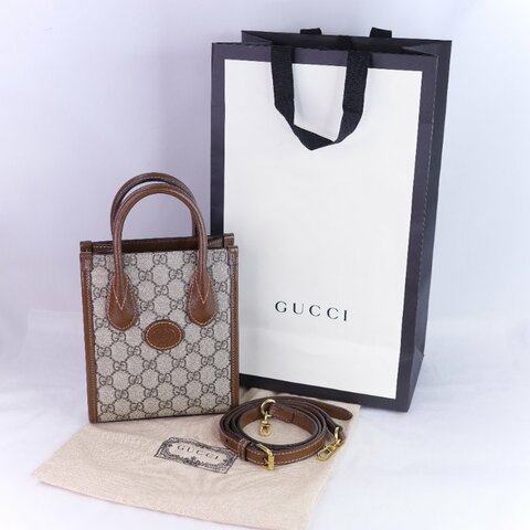 Gucci 古馳 Interlocking G 米色 烏木色經典 帆布 牛皮 迷你手提包 斜背手機托特包