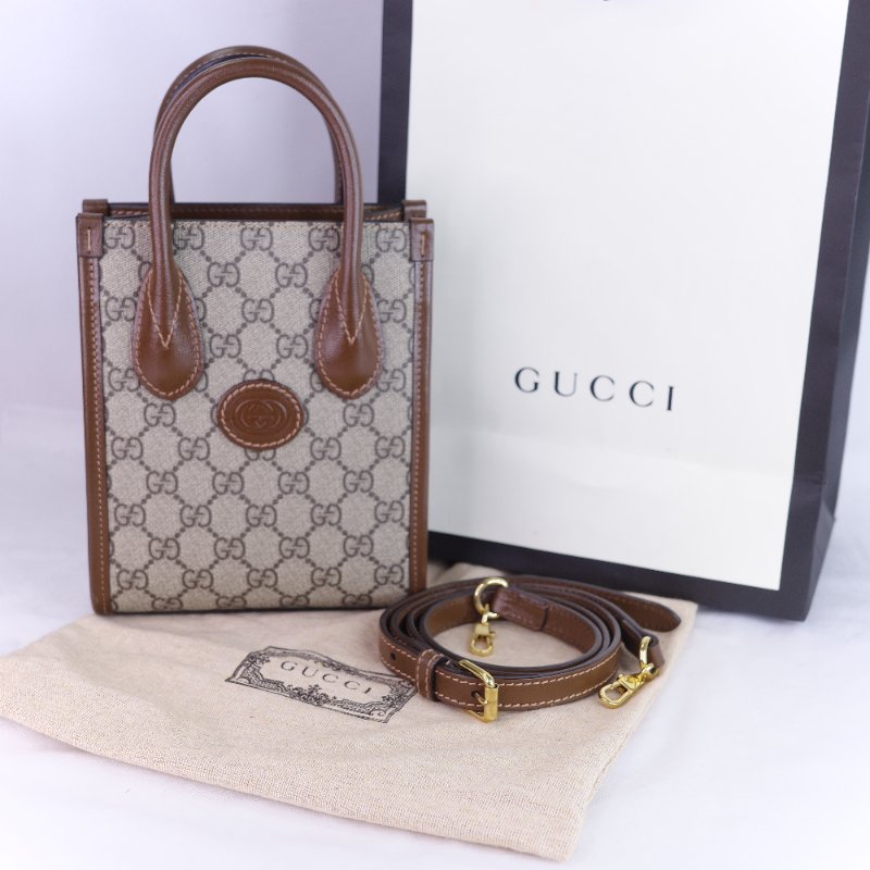 Gucci 古馳 Interlocking G 米色 烏木色經典 帆布 牛皮 迷你手提包 斜背手機托特包-1