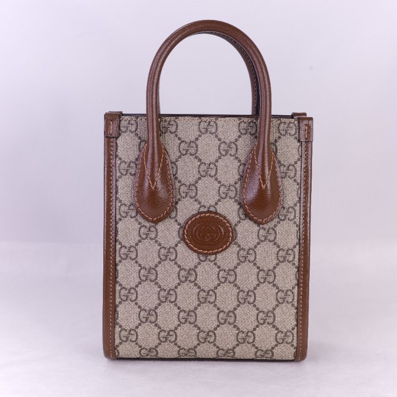 Gucci 古馳 Interlocking G 米色 烏木色經典 帆布 牛皮 迷你手提包 斜背手機托特包-2