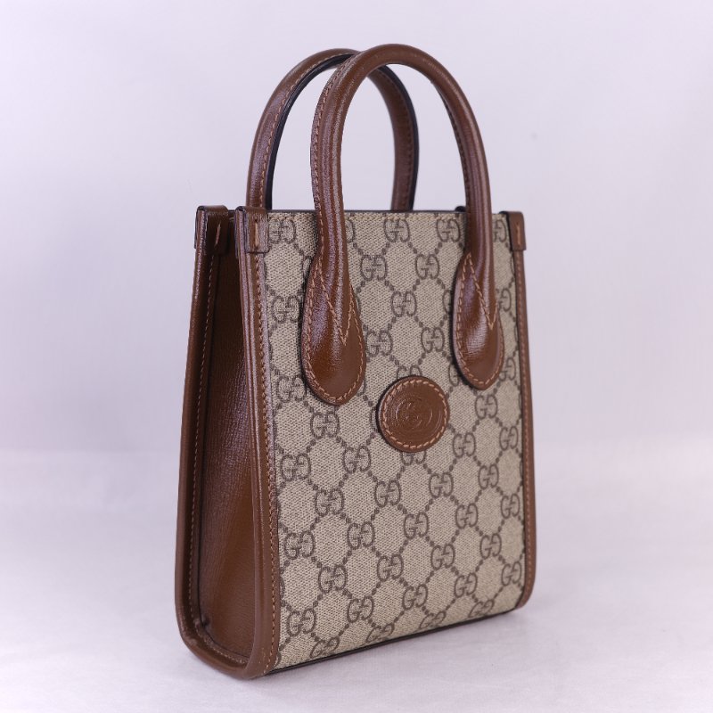 Gucci 古馳 Interlocking G 米色 烏木色經典 帆布 牛皮 迷你手提包 斜背手機托特包-3