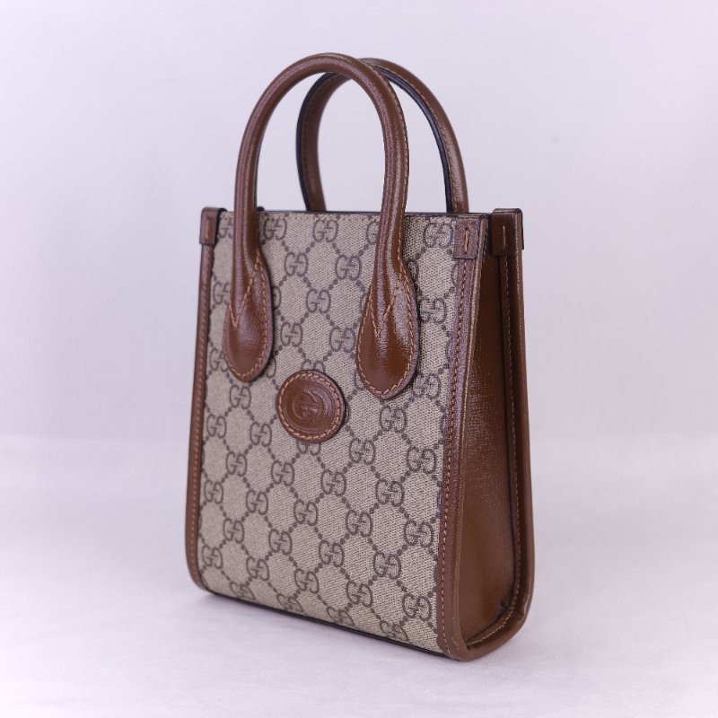 Gucci 古馳 Interlocking G 米色 烏木色經典 帆布 牛皮 迷你手提包 斜背手機托特包-4