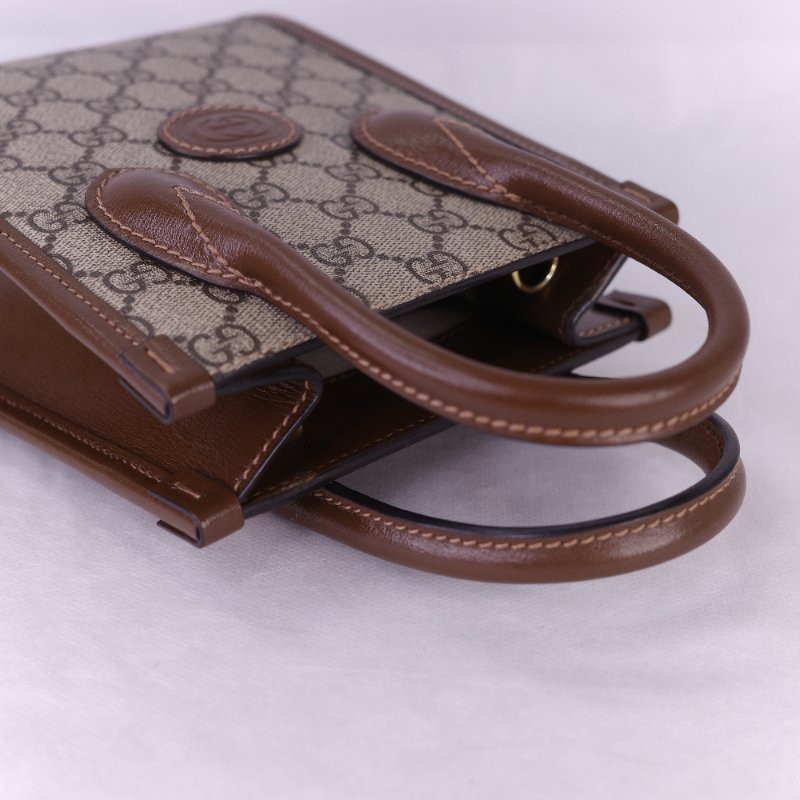 Gucci 古馳 Interlocking G 米色 烏木色經典 帆布 牛皮 迷你手提包 斜背手機托特包-9