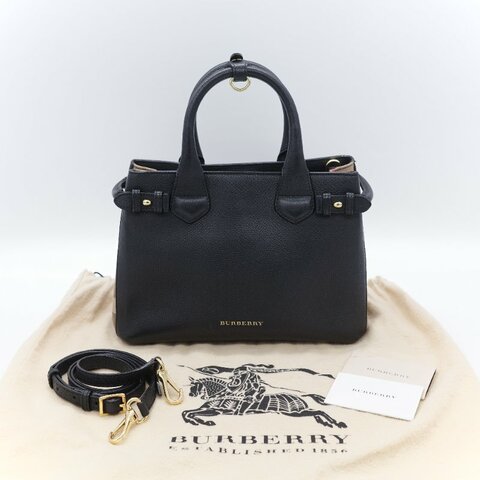 Burberry 巴寶莉 Banner 黑色 牛皮 經典格紋帆布 中型手提托特包
