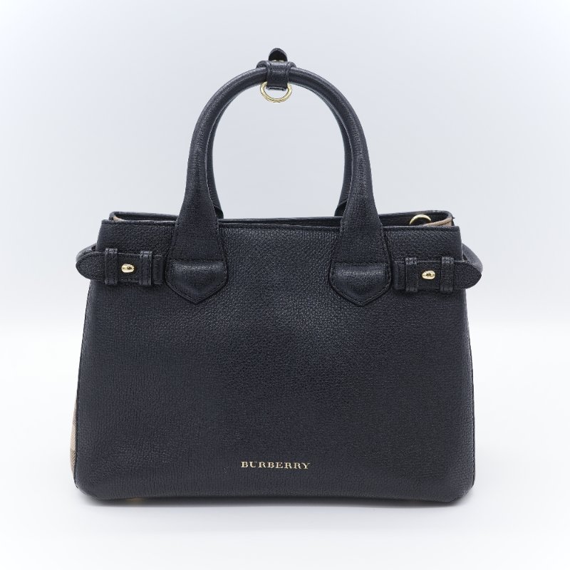Burberry 巴寶莉 Banner 黑色 牛皮 經典格紋帆布 中型手提托特包-1