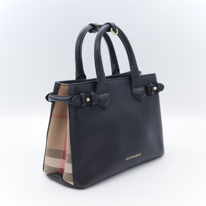 Burberry 巴寶莉 Banner 黑色 牛皮 經典格紋帆布 中型手提托特包-2